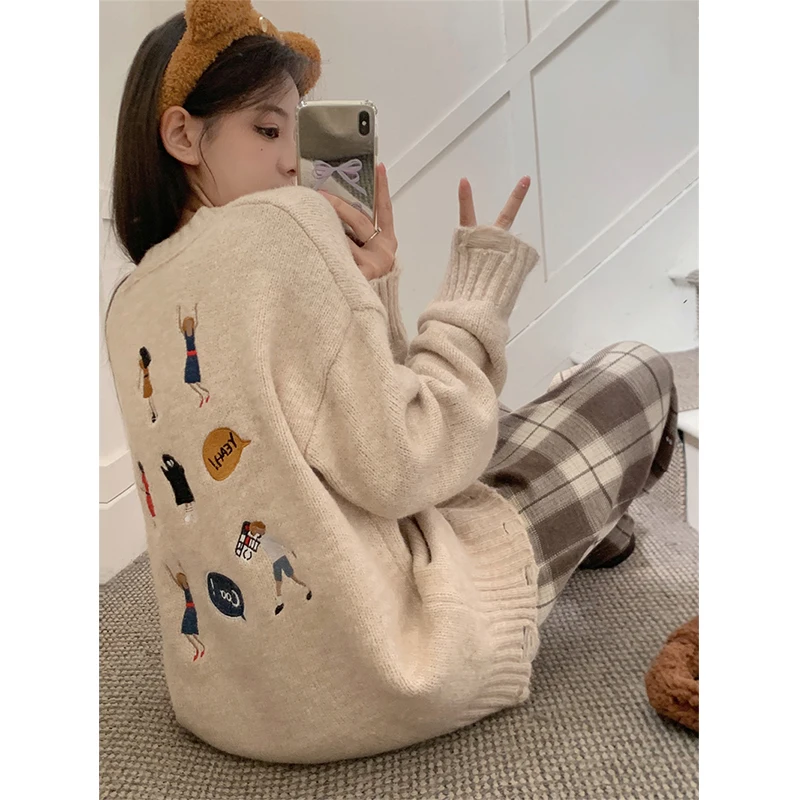 Streetwear Oversized Sweater Women Cartoon Embroidery Knitted Pullovers Sweet Harajuku Loose Knitwear Korean Casual Jumper Tops