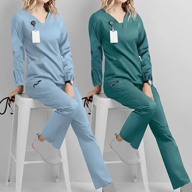 Esfoliantes uniformes médicos femininos 2023 manga longa com decote em v bolso cuidados trabalhadores camiseta topos outono uniformes de enfermera mujer