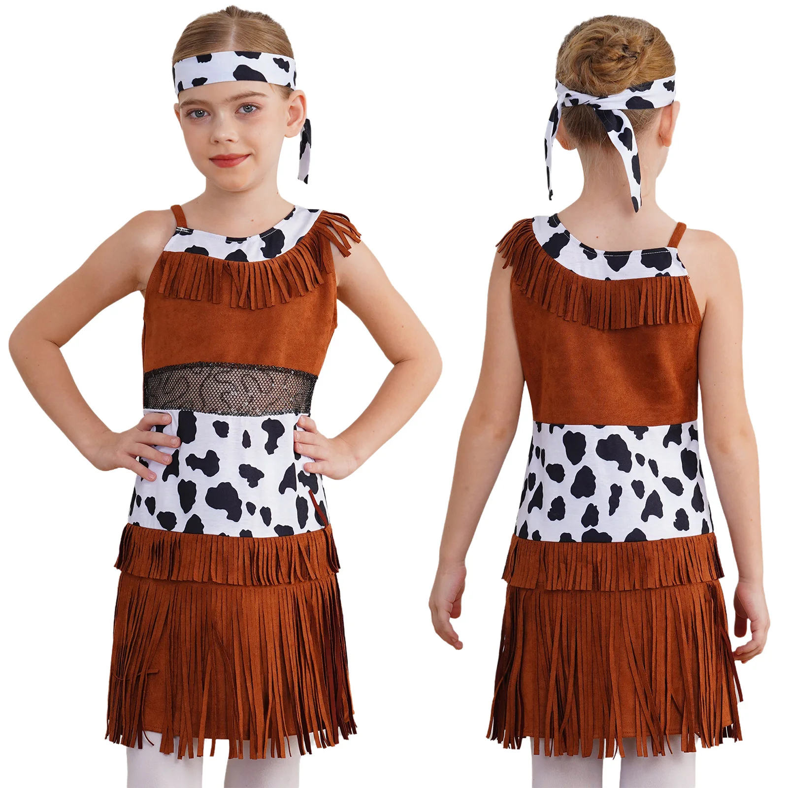 Girl Halloween Cosplay Costume Western Cowgirl Dance Suit Asymmetrical Shoulder Sleeveless Dress Cow Print Fringe with Headband