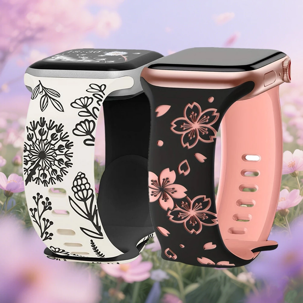 Graviertes Blumenarmband für Apple Watch Band S10 46 mm 42 49 38 45 41 44 40 mm Weiches Silikonarmband iWatch Serie 10 9 8 7 6 5 SE