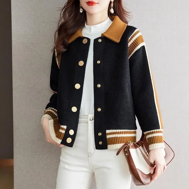 Lapel Contrast Color Long Sleeve Button Thread Women's Autumn and Winter Jacket Fashion Casual Top