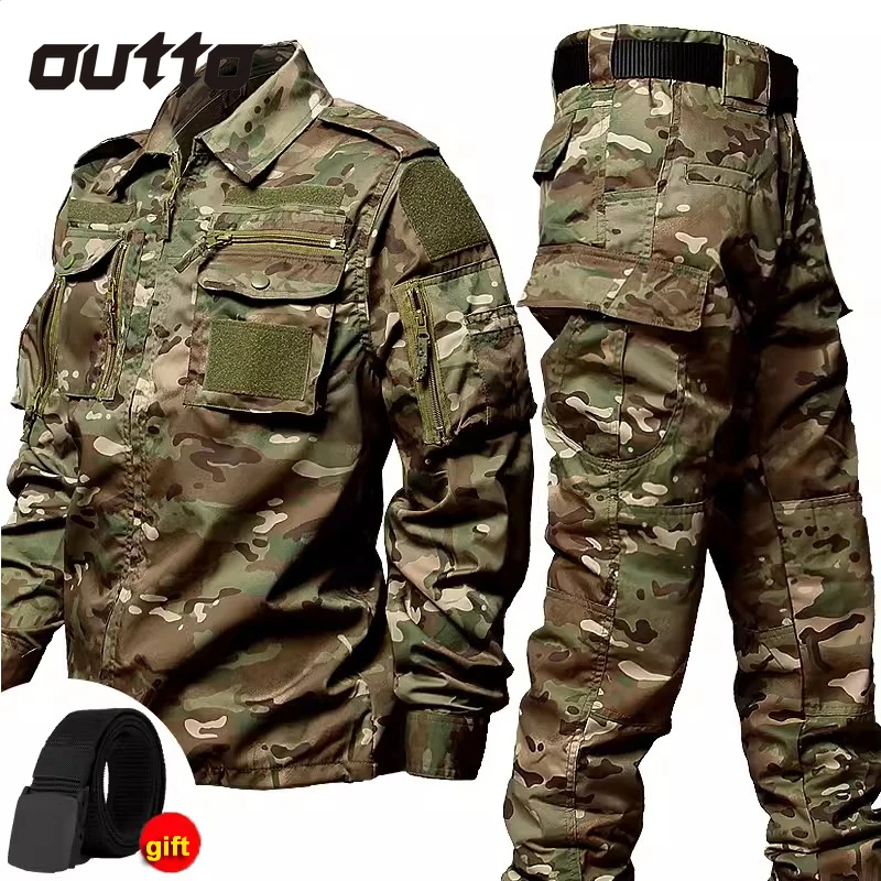 

Men Tactical Sets Multi-Pockets Breathable Long Sleeve Shirts Wear-resisting Pants Sets Outdoor Climbing Hiking Suit Give Belt