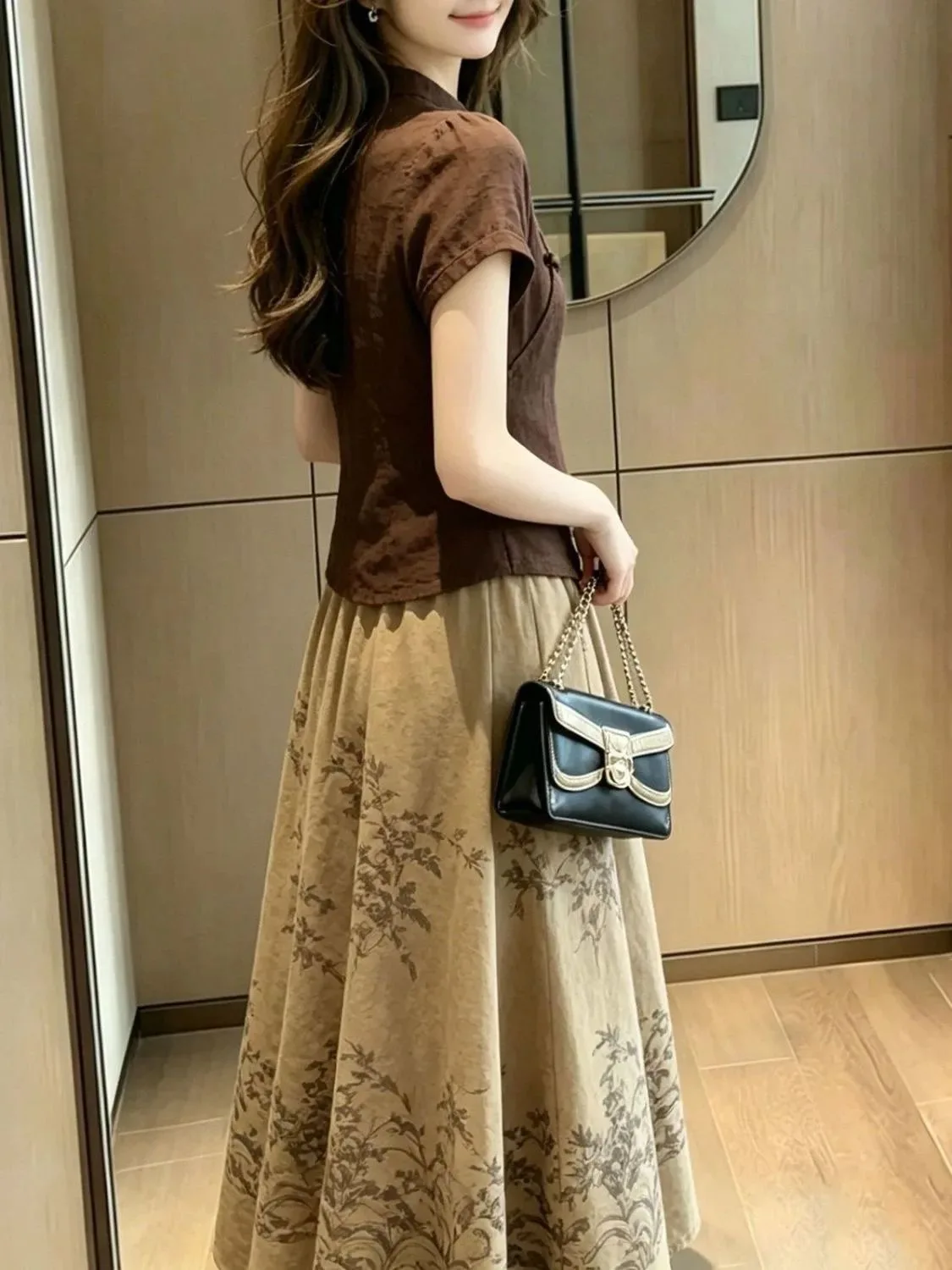 2026 New Summer Chinese Style Women's Fashion Set Short Sleeve Slim Fit Two Piece Suit Button Print Polyester Fiber Anti-Wrinkle