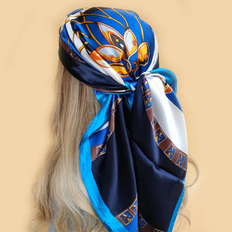 90*90cm Fashion Handkerchief Neck Scarf Women Small Shawl Silk Satin Hair Female Square Headband Bandana Head muffler beach wrap