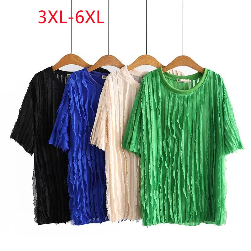 

Plus women's spring / summer 2022 new fashion ice silk fold Knit Blue Green short sleeve Plus Size T-shirt 3XL 4XL 5XL 6xl