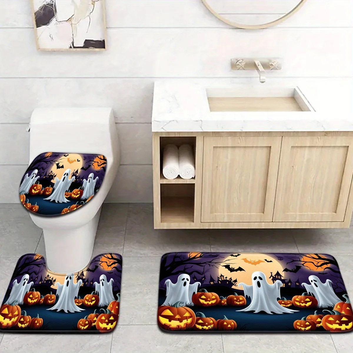 Halloween Ghost Pumpkin Lantern Pattern Bathroom Mat Set Toilet Lid Seat Cover U-Shaped Foot Pad