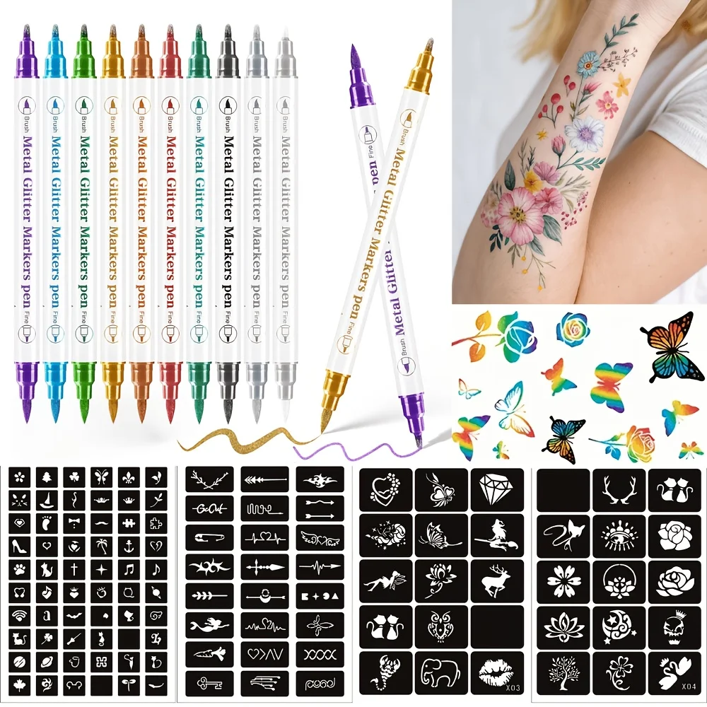 Set mit 10 Tattoo-Stiften mit Doppelspitze + 114 Schablonen + Schmetterlingsaufkleber — Langlebige, widerstandsfähige Tattoo-Marker