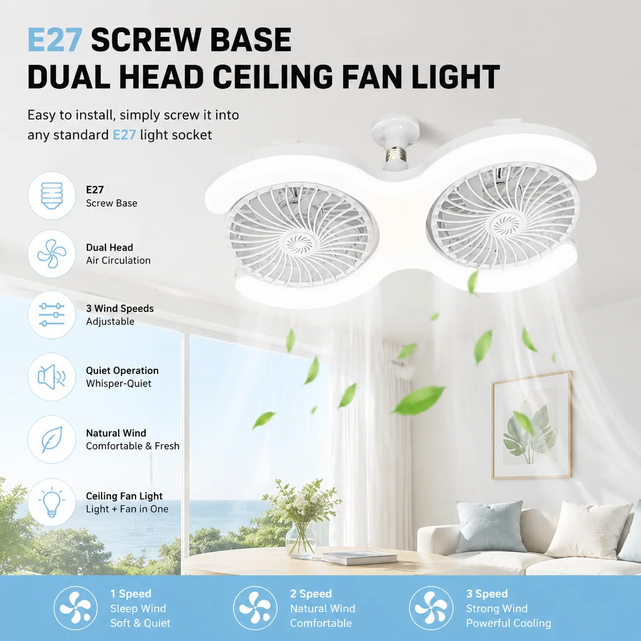Double-Row Fan Light with E27 Socket, LED Pendant Fan Light for Bedroom and Room, Ultra-Powerful and Quiet Electric Fan Light