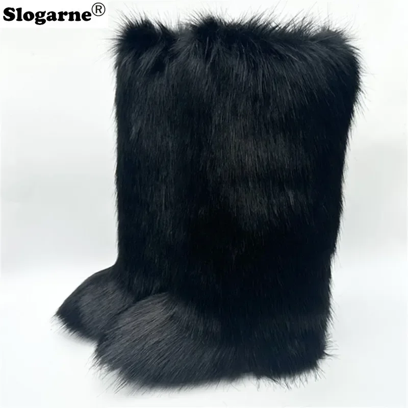 2024 Women Winter Thigh High Fluffy Boots Ladies Furry Faux Fox Fur Long Warm Shoes girls New Designer Plush Knee High Fur Boots