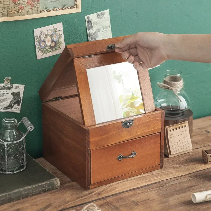 

Ящик для хранения в стиле ретро, стойка-органайзер с зеркалом, настольная шкатулка для украшений, полки для держателя губной помады и масок.