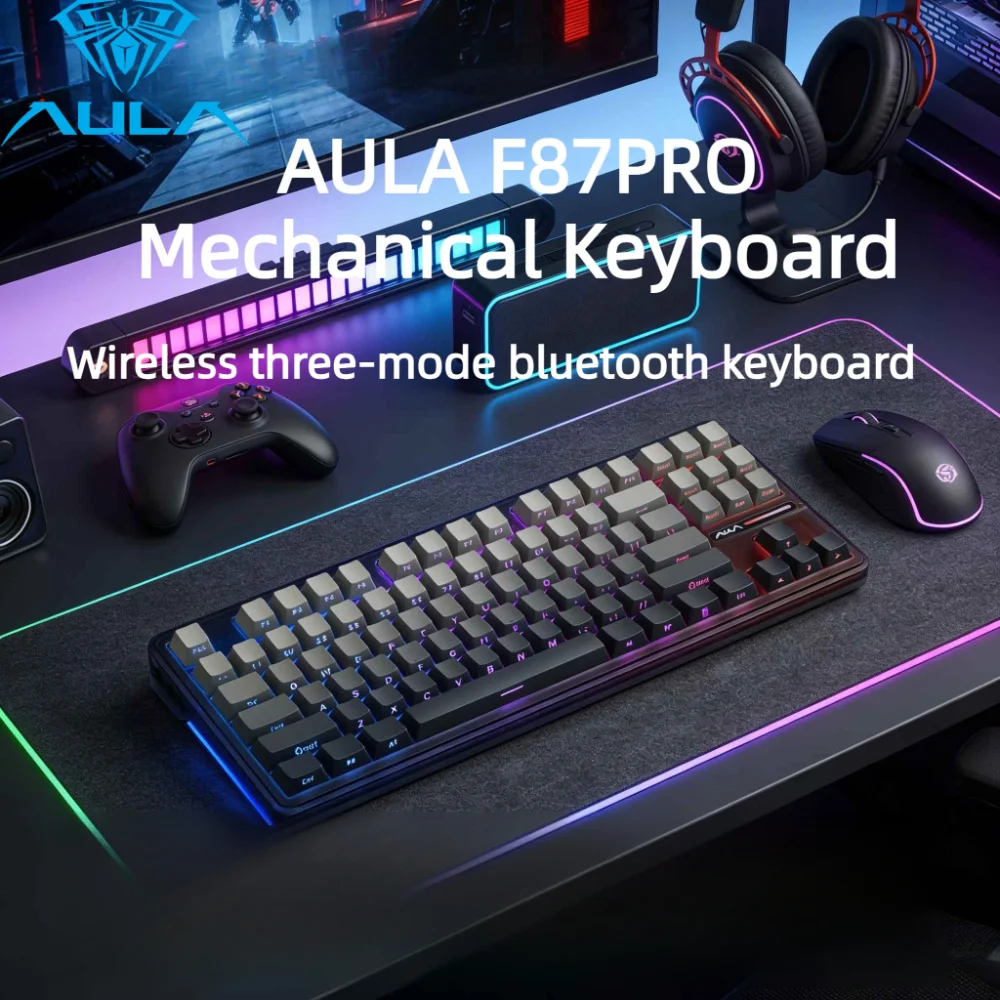 AULA F87 Pro Mechanical Keyboard 2.4g/Usb/Bluetooth Tri Mode Wireless 87 Key Rgb Pbt Gasket 5 Layer Silencing Full Key No Impact
