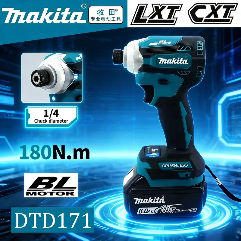 

Бесщеточный ударный гайковерт Makita DTD173 Blue, многофункциональный электроинструмент с набором сверл, аккумулятор 18В