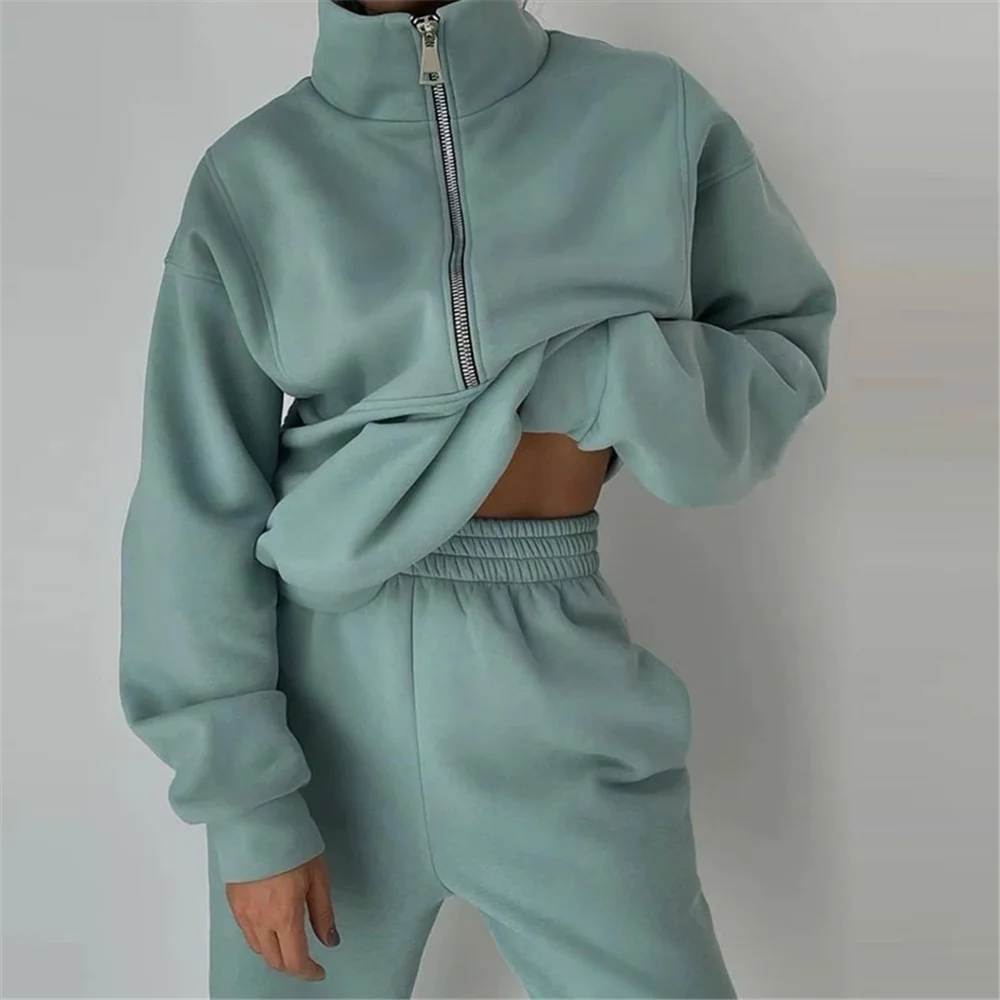 Women Fleece Lined Two Piece Set Autumn Winter Sports Suit Casual Oversized Polo Zipper Sweatshirts Trouser Tracksuits Sportwear