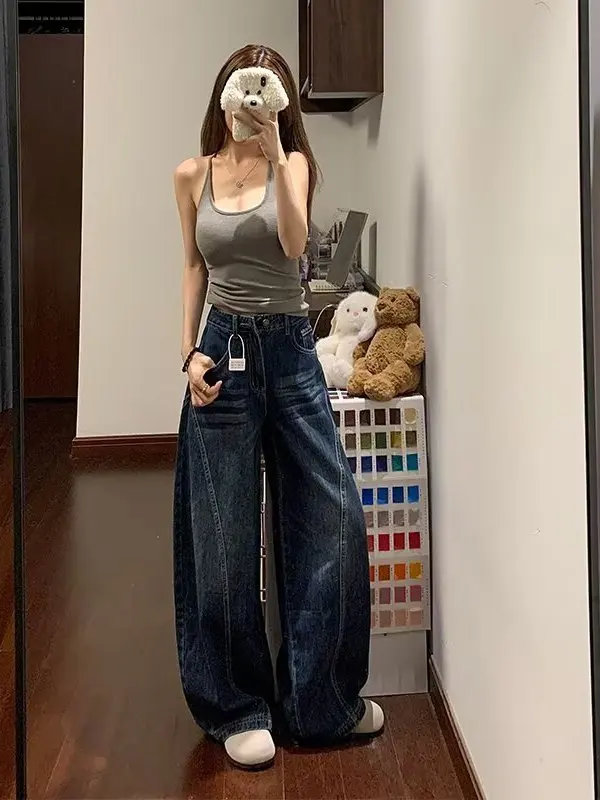 الرجعية تلاشى واسعة الساق الجينز المرأة عالية الخصر فضفاضة عارضة السراويل القطنية الزرقاء ربيع الخريف زائد حجم صغير #1