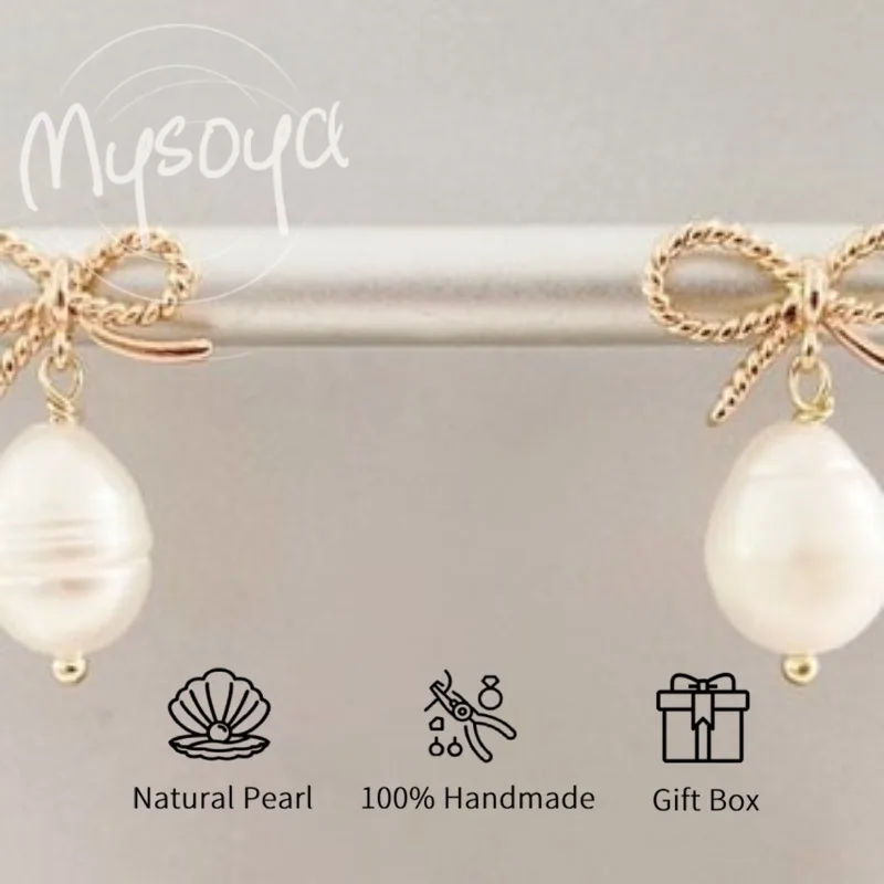 

MYSOYA белые серьги-бантики с пресноводным жемчугом в форме риса, 10-11 мм, подарочная коробка для нее/юма, дня рождения/свадьбы/Рождественского подарка