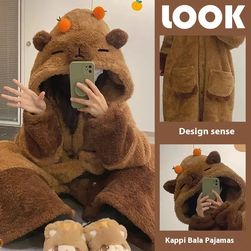 New Winter Soft  Kawaii Capybara Pajama Set Animal Jumpsuit Adults Anime Velvet Pajama Night Robe Cosplay Clothes Suit Girl Gift