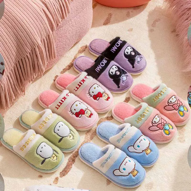 

Sanrio/Детские хлопковые тапочки с героями мультфильмов «Hello Kitty» для девочек, кавайная модная домашняя обувь My Melody, четыре сезона, меховая обувь, нескользящая