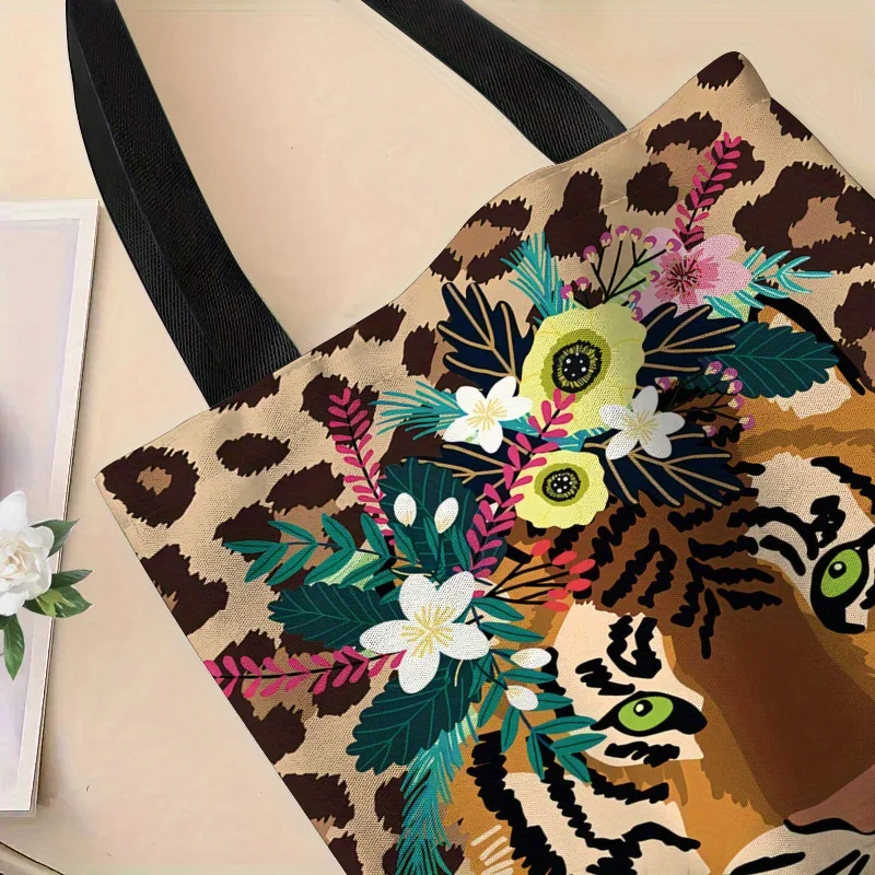 Animal Element 1pc Illustration of A Tiger Wearing A Wreath, Leopard Print Background Tote Bag, Perfect for Shopping