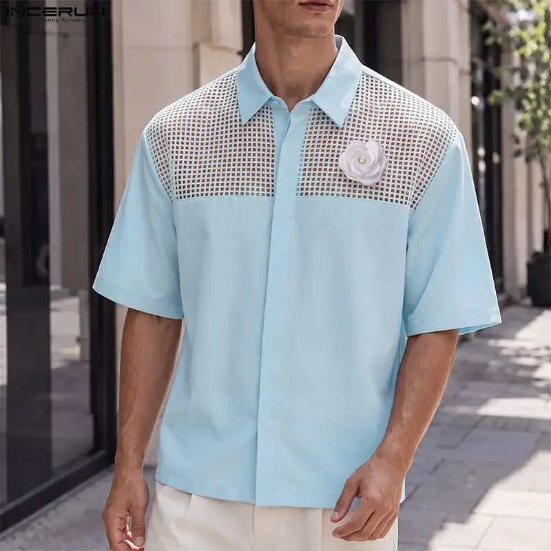 INCERUN Men's Shirt Mesh Patchwork Hollow Out Flower Lapel Short Sleeve Men Clothes Loose Streetwear Summer 2026 Tops For Man