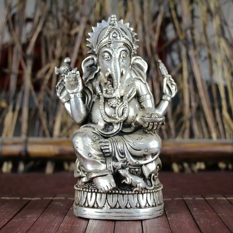 

Chinese Old Geomancy Decoration White Cooperized Silver Four Hands Elephant God