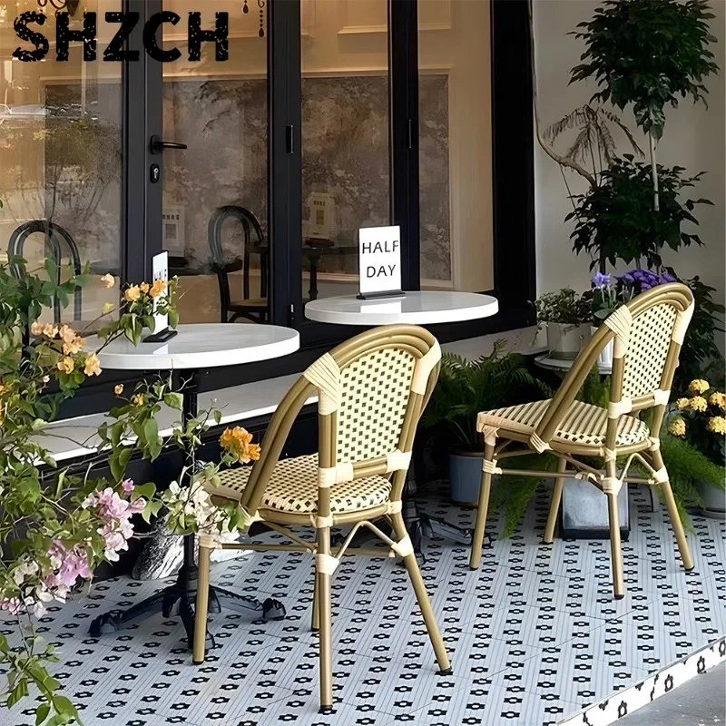 PE Imitation Vine Dining Chair for Cafe Vintage Restaurant Metal Seat French Garden Chair for Courtyard Rustic Balcony Chairs