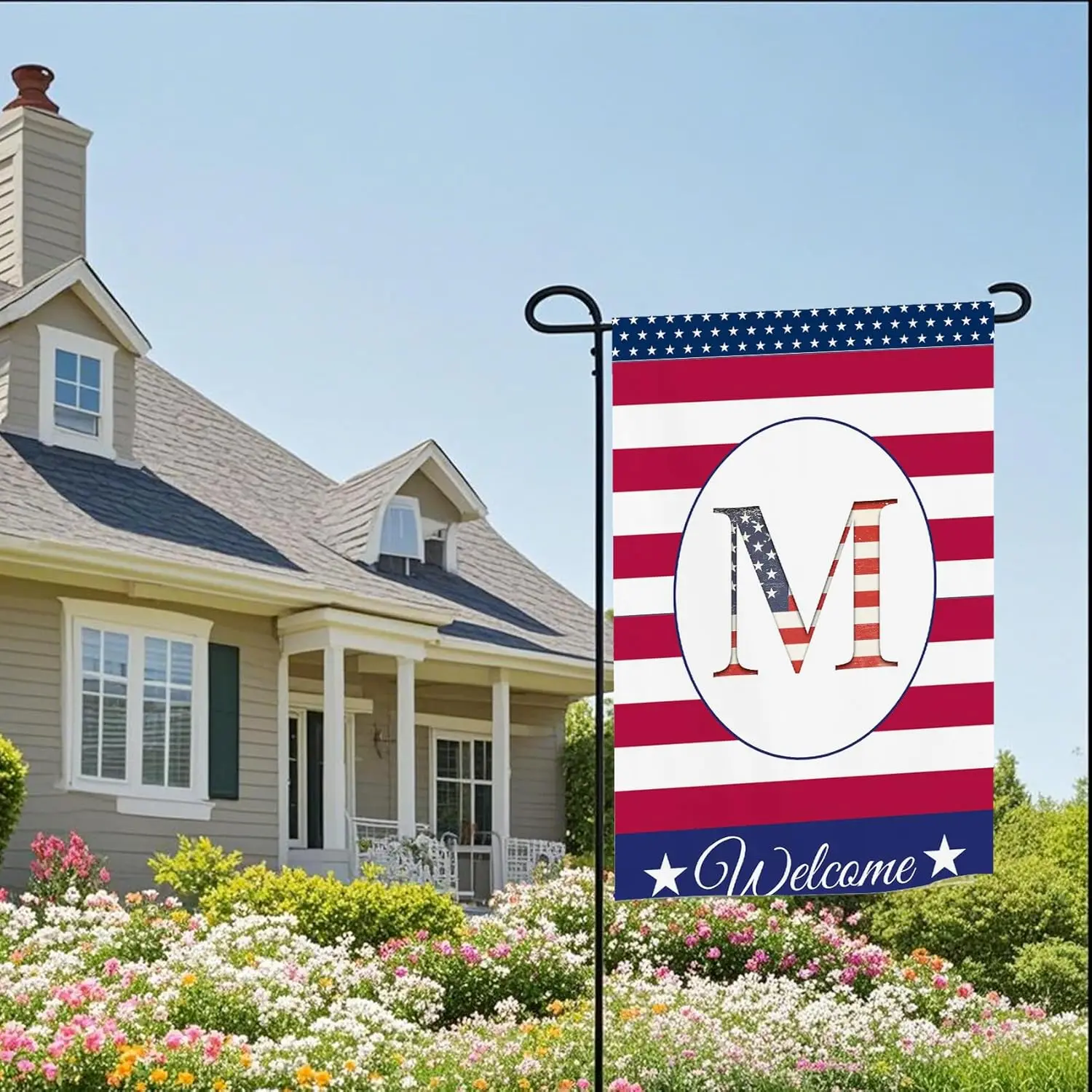 Custom Patriotic Monogram Garden Flag 12x18 inch Double Sided, Personalized Initial Garden Flags for Outside, Spring Welcome GGO