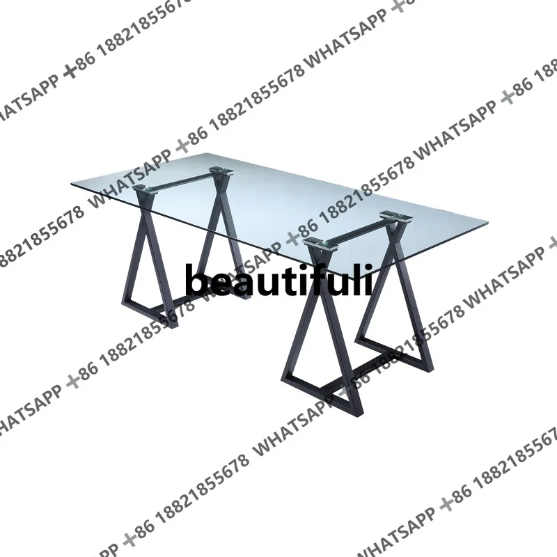 

Light luxury tempered glass dining table Home restaurant High-end French European stainless steel rectangular hotel dining tabl