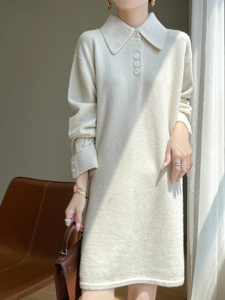 Abito da donna in cashmere maglione colletto POLO gonna pullover autunno inverno chic abito camicia manica lunga maglieria in lana australiana al 100%