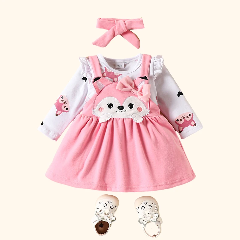 Autumn Winter Baby Romper+Suspender Dress+Bowtie Sets Cartoon Fox Print Newborn Girls Clothes Kids Outfits Toddler Baby Sets