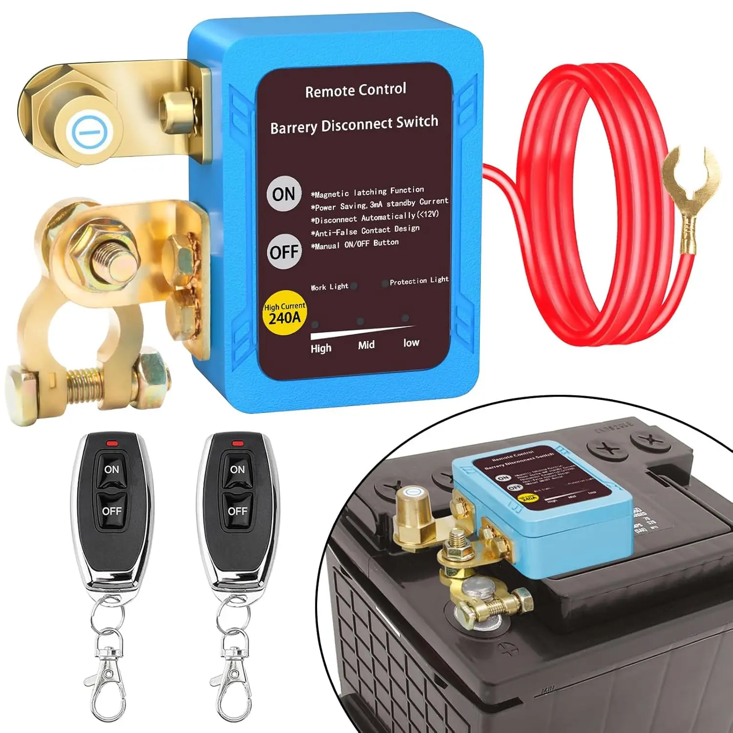 High Installation Remote Battery Disconnect Switch 12v, 240A, Upgrade Smart Voltage Car Kill Switch Anti-Theft, Prevent Battery