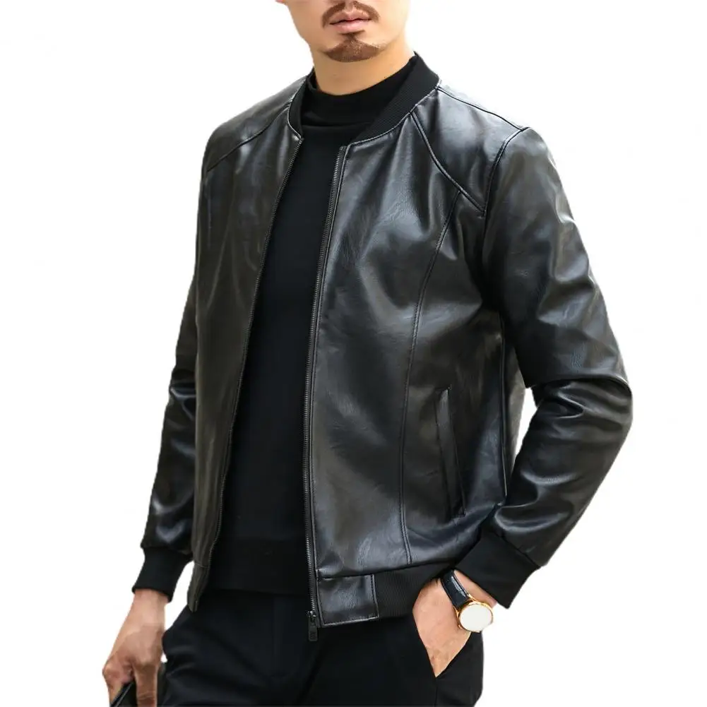 

Men Jacket Faux Leather Jacket Warm Stand Collar Zipper Pockets for Autumn Winter