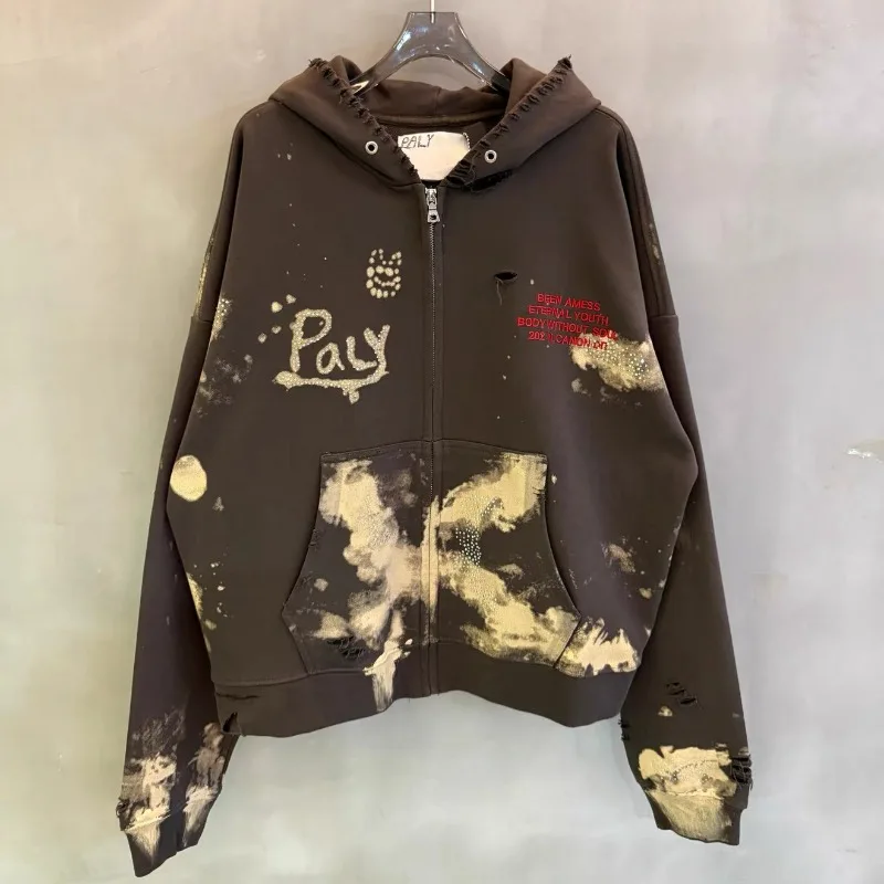 Paly Hollywood Splashed Ink Hooded Sweatshirt Men Women Pure Cotton Destruction of Washed Zipper Jackets