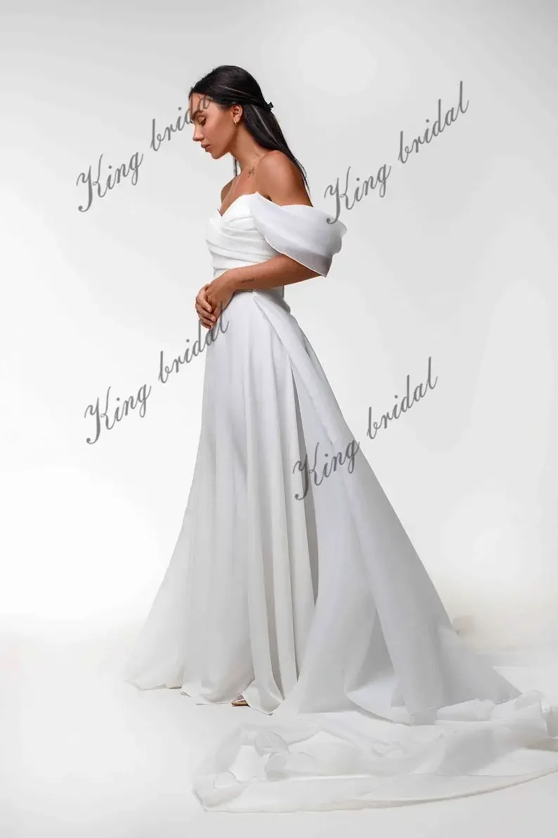 Saia de trem de organza vestido de casamento personalizado minimalista crepe a linha vestidos de casamento fora dos ombros vestido de casamento