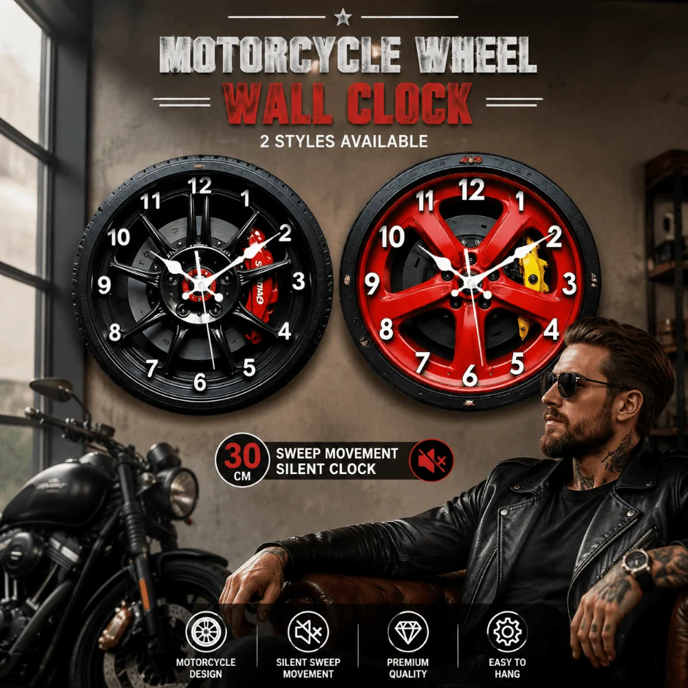 Motorcycle Style 2D Flat Wall Clock 20/25/30cm Non-ticking 2D Car Wheel Hub Wall Clock Wall Decor Sweep Second Quartz Wall Clock