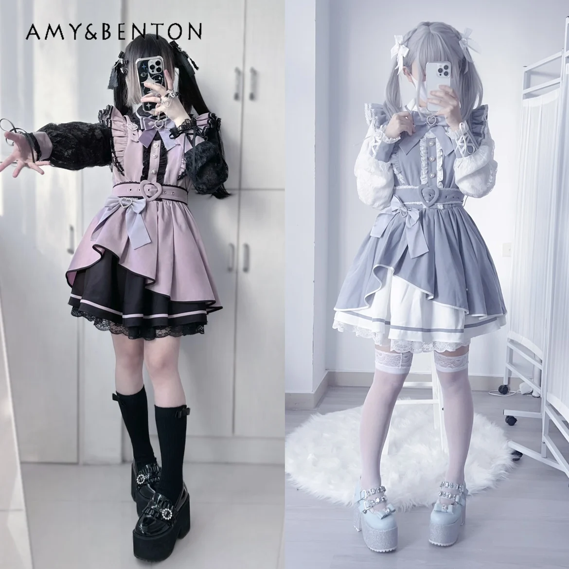 Original Mine Song-Promotion Costume Dress Japanese Mass-Produced Sweet Bow Long Sleeve Lace Up Slim Mini Dress Lolita Dresses