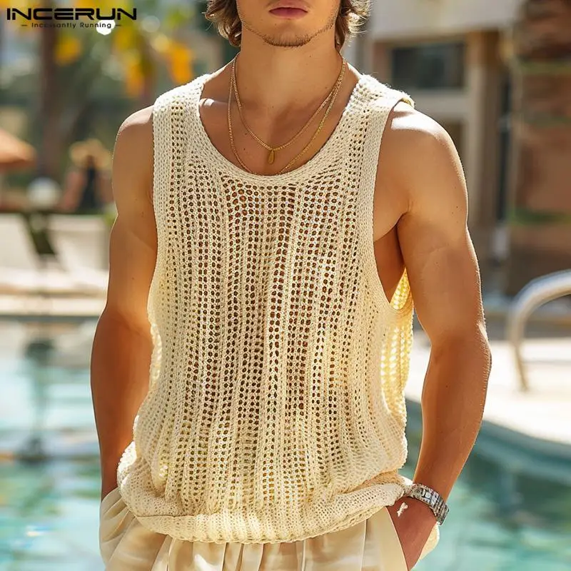 Fashion Sexy Style Tops INCERUN Mens Mesh Hollowed Vests Summer Casual Streetwear Male All-match Sleeveless Tank Tops S-5XL 2024