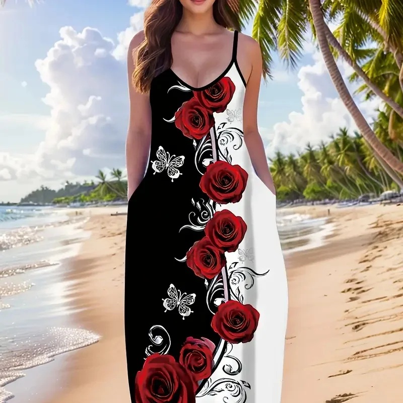 

New ladies' dress, casual V-neck sleeveless Bohemian style, fine waist belt with 3D pattern, long skirt