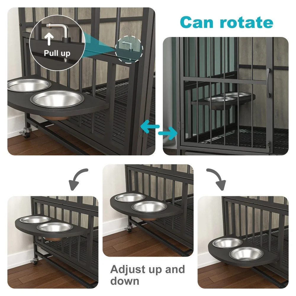 Modern Kennel Dogs room up to 60 LB, Double-Door Dog House, lift Panel, 360 Degree Rotation -3 Height Adjustable Feeding Bowls(