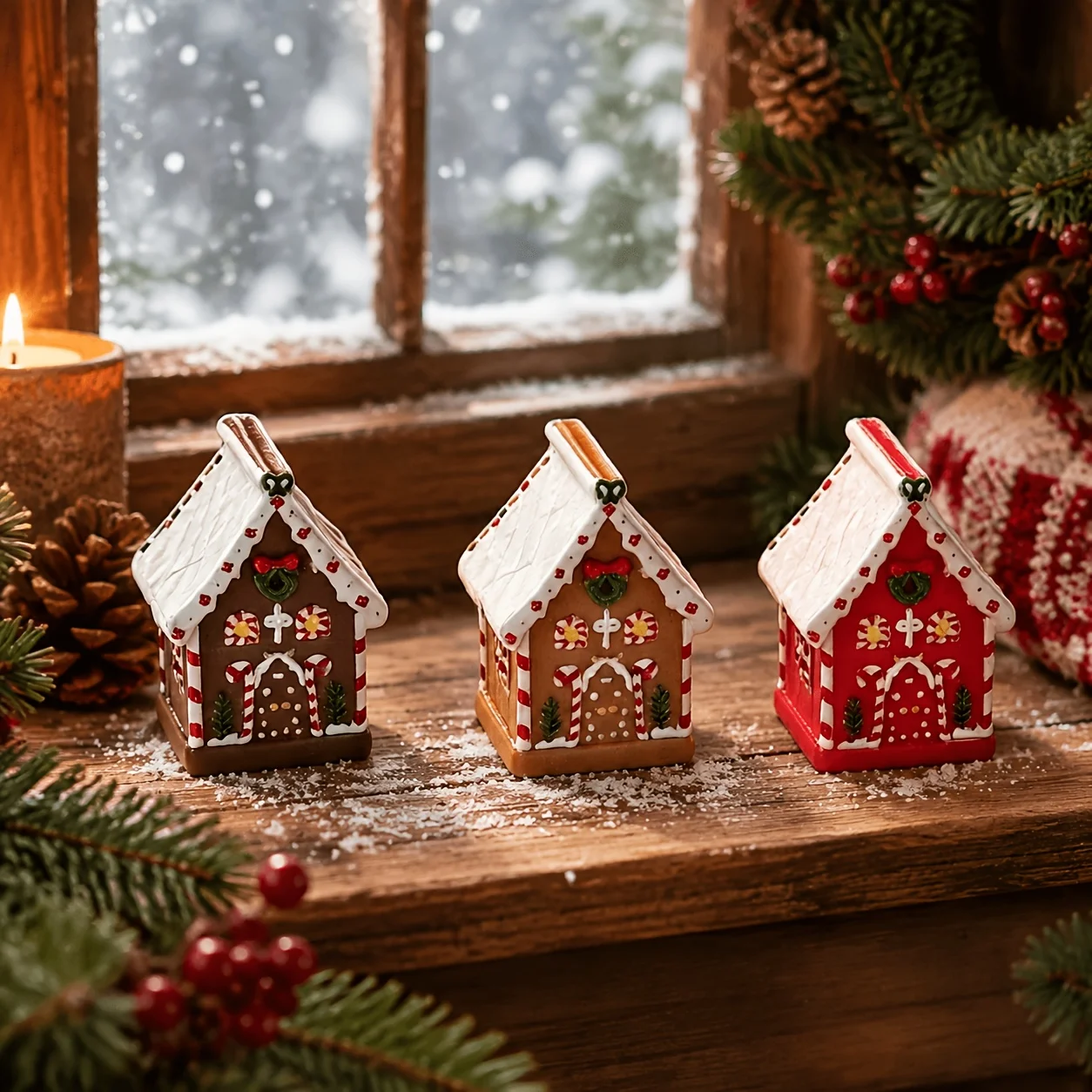 3pcs Miniature Gingerbread House Ornaments,Resin Miniature Houses with Gingerbread Village Scene for Tabletop Display
