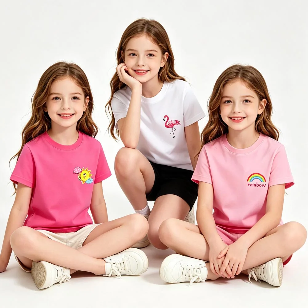 Camiseta para Niña de 1 a 14 Años, Algodón, Blanco, Rosa, Flamenco, Verano, Adolescentes, Niños, Ropa Infantil