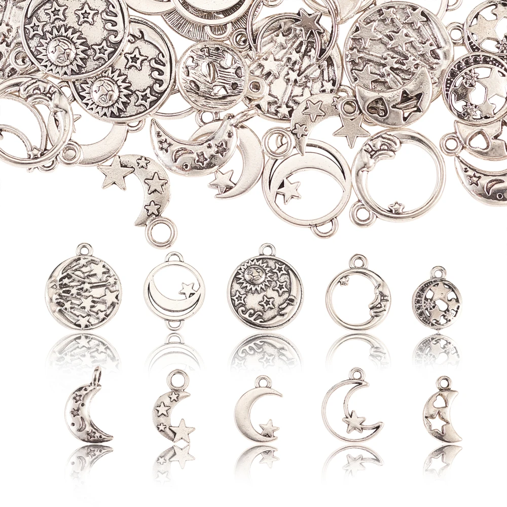 PandaHall  100pcs Anique Silver Moon Charms Mixed Styles Tibetan Sun Moon Star Charms for Jewelry Making Bulk