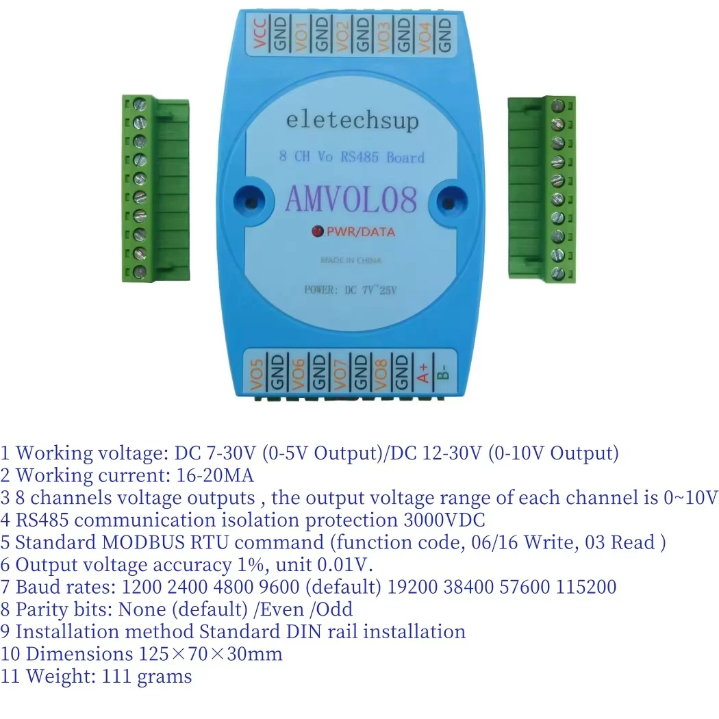 

Modbus Rtu Text Editor HMI PLC Analog 8VO RS485 to 0-10V/0-5V Voltage Output DAC IO Expansion Board