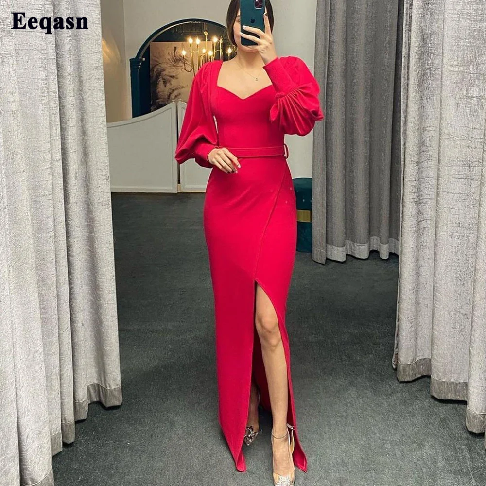 Eeqasn Mermaid Long Sleeves Evening Dresses V-neck Formal Prom Gowns High Split Women Wedding Party Gowns Night Club Prom Dress