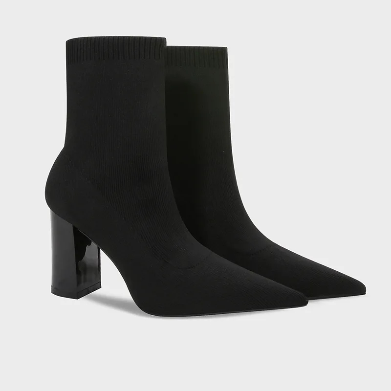 Size 33-41 Short Boots Knitted Spring And Autumn Black Socks Boots Chunky High Heel Shoes Stretch Thin Boots For Women