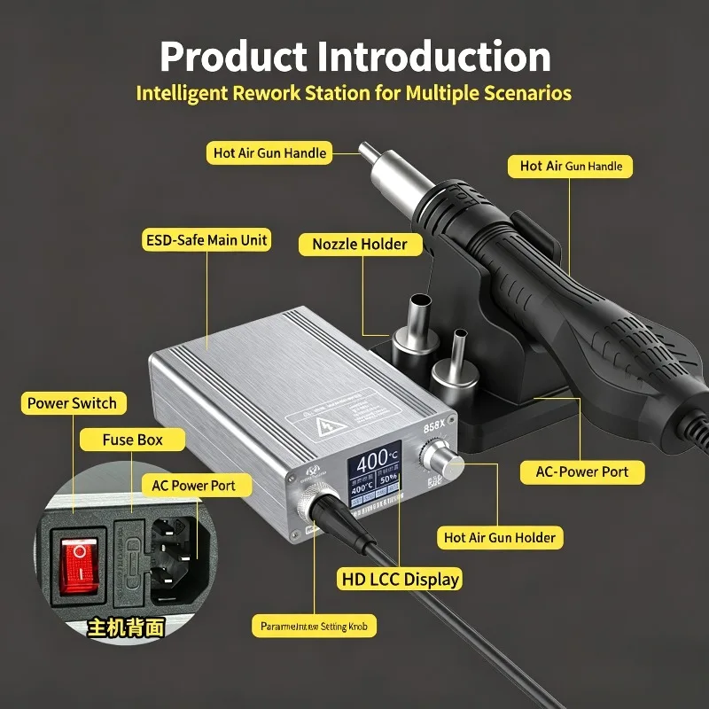 OSS TEAM 858X Intelligent Hot Air Gun Rework Station 800W High Power for Mobile Phone Circuit Board SMD BGA Desoldering Repair