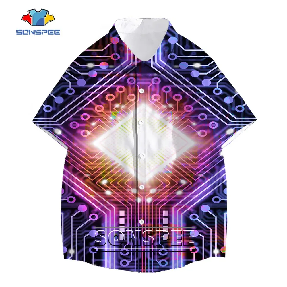 

SONSPEE Circuit Boards 3D Printing Harajuku Botton Clothing Men Women's Oversize Shirt New Short Sleeve Electronic Chip Tops