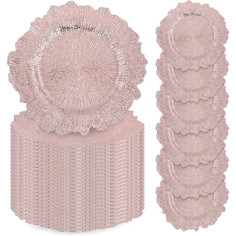 

24 шт. зарядные тарелки из розового золота, объемные 13-дюймовые зарядные устройства для рифовых тарелок для ужина, пластиковые декоративные тарелки с цветочным принтом для сервировки стола, свадьбы