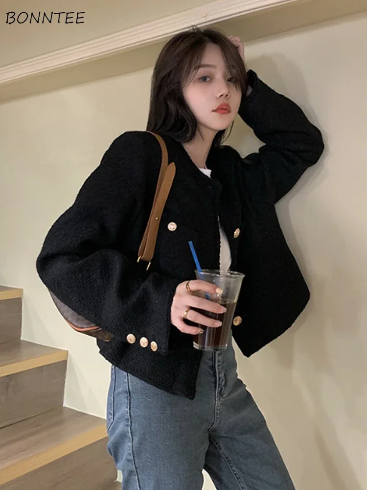 

Black Cropped Jackets for Women Temper Office Lady Woolen Coats Fashion Streetwear Classic Versatile Autumn Winter Clothing Chic