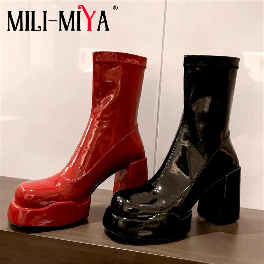 

MILI-MIYA Fashion Super High Thick Heels Women Cow Patent Leather Ankle Boots Platform Round Toe Solid Color Dress Party Shoes