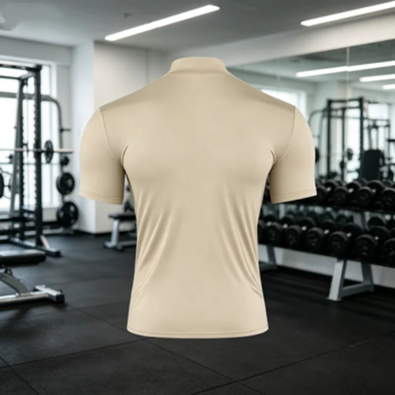 Summer fitness Men's T-shirt Solid Color Half High Collar Short Sleeve Pullover Tight Sport Elastic Top Running Training T-shirt